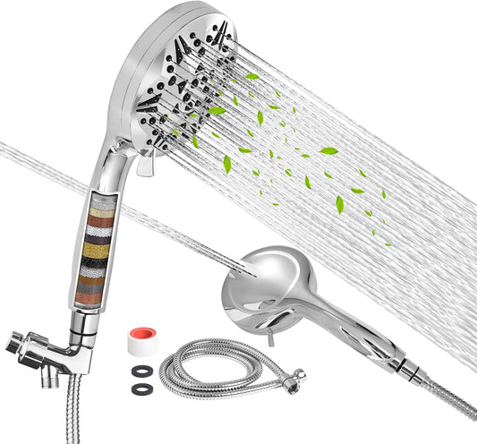 High Pressure Filtered Shower Head, Handheld Shower with 8-Mode Settings 2-Power Jet with Pause Switch, Ideal for Shower Cubicles, Tubs, and Pet Cleaning (Includes Hose & Bracket)