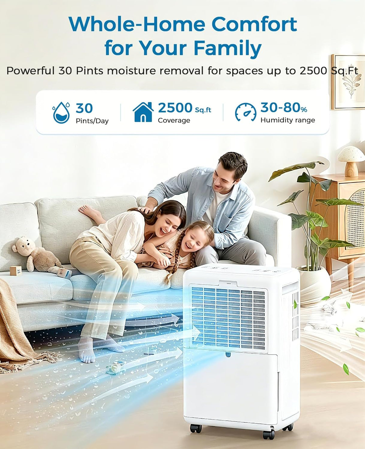 VEAGASO 30 Pints Dehumidifiers for Basements, 2500 Sq.Ft Dehumidifier for Bedroom Bathroom, Portable Dehumidifier with Continuous Drain Hose, Auto Defrost System, Quiet Design