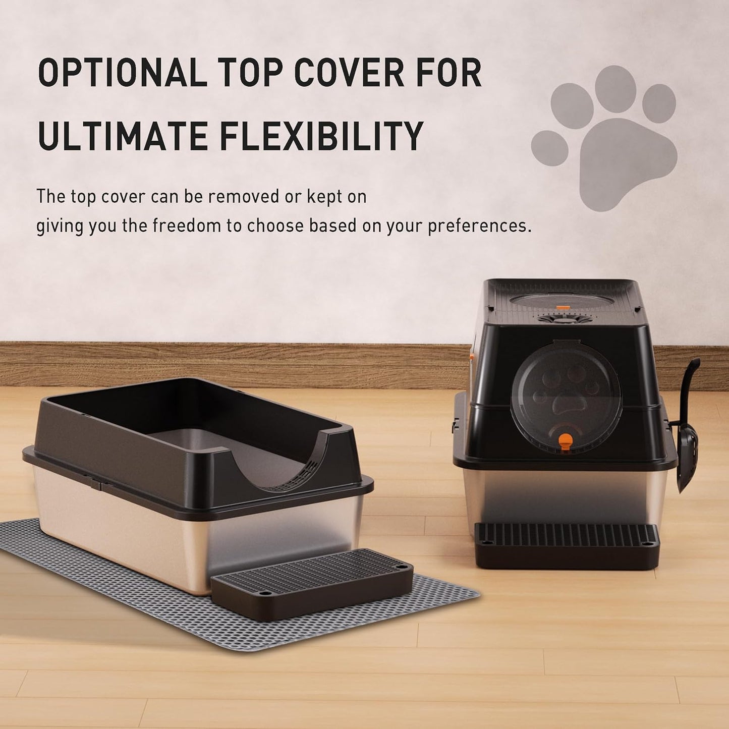 Citylife Stainless Steel Litter Box with Lid Flip-Top Removable High Enclosed Cat Litter Box with Litter Mat Step&Litter Scoop Metal Litter Pan Easy Cleaning Odor-Resistant Large Space for Cats Black