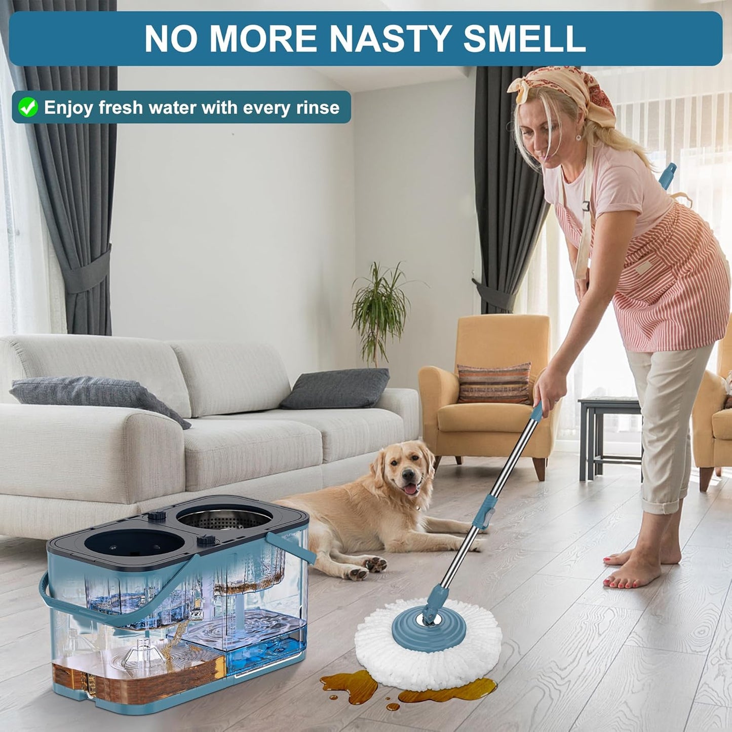 RinseWise Spin Mop and Bucket Separate Clean and DirtyWater, Mop and Bucket with Wringer Set, 4-Chamber Commercial Spinning Mopping Bucket Cleaning Supplies with 8 Microfiber Replacement Head Refills