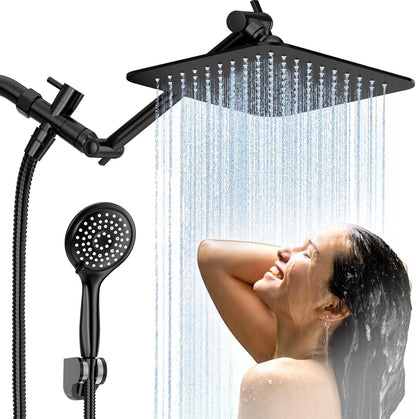 COSYLAND Rain Shower Head with Handheld - 304 Stainless Steel High Pressure 8 inch Square Rainfall Showerhead Combo with 5 Spray Mode 11 inch Extension Adjustable Arm & 60 inch Hose - Chrome