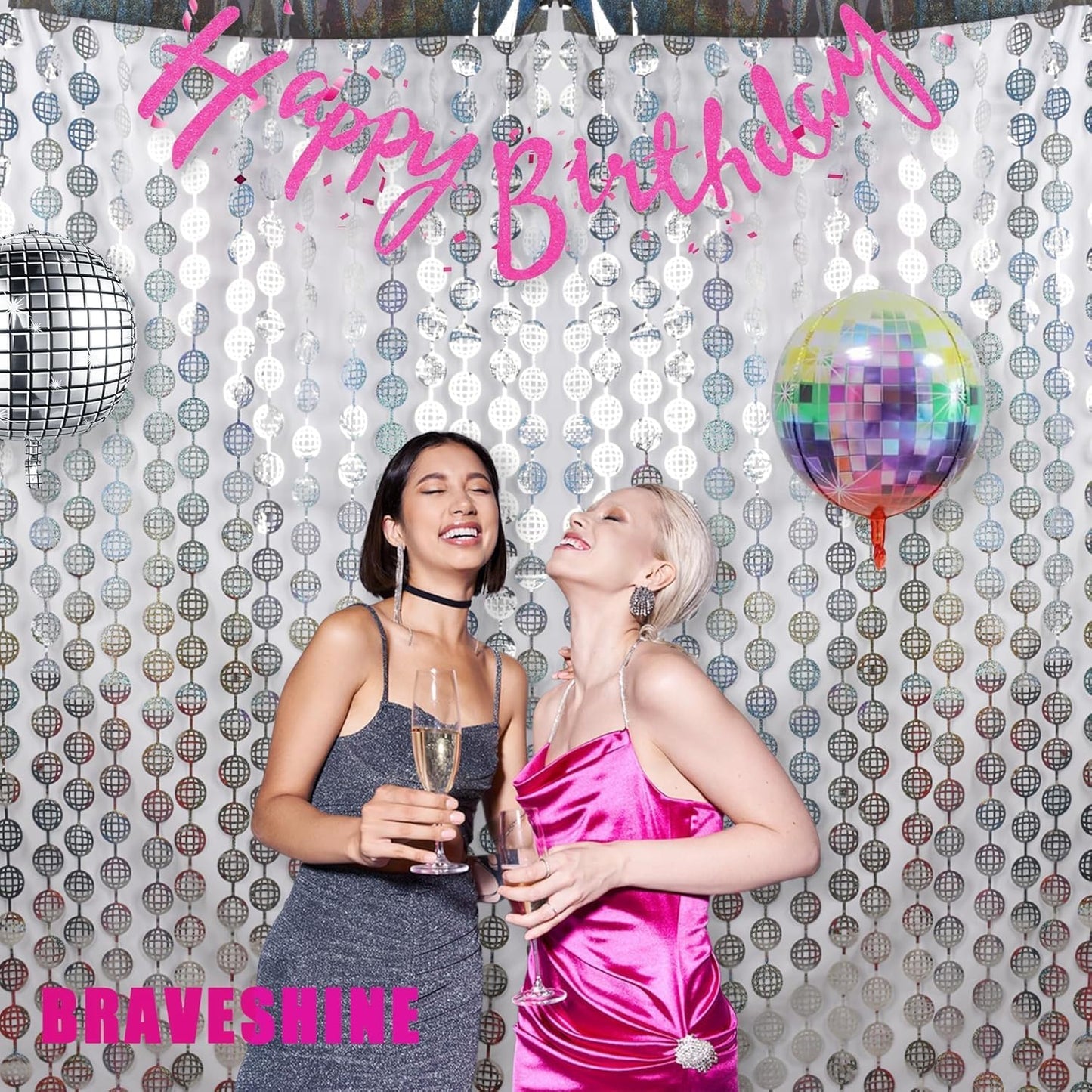 BRAVESHINE Pink Glitter Tinsel Foil Fringe Curtain - 2 Pcs 3.2x8.2 ft Metallic Party Supplies Photo Backdrop for Girl Princess Birthday Unicorn Bachelorette Butterfly Bridal Shower Party Decorations