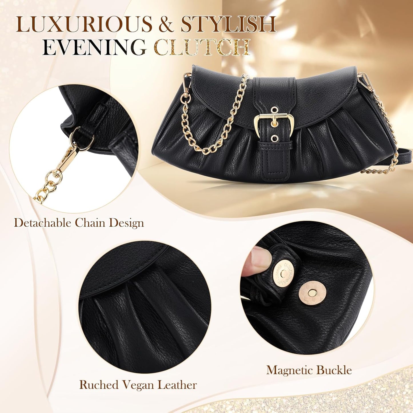 VX VONXURY Clutch Purse for Women Elegant Pleated Evening Bag with Chain Strap for Wedding Party Dating - PuriLite