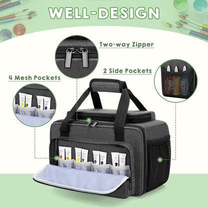 GRAOSO Acrylic Paint Organizer Hold up to 54 Bottles (2 oz), Grey | Paint Carry Case Bag for Bottle Brush Storage, Easy Cleaning Liner, Shoulder Strap and Handle for Travel