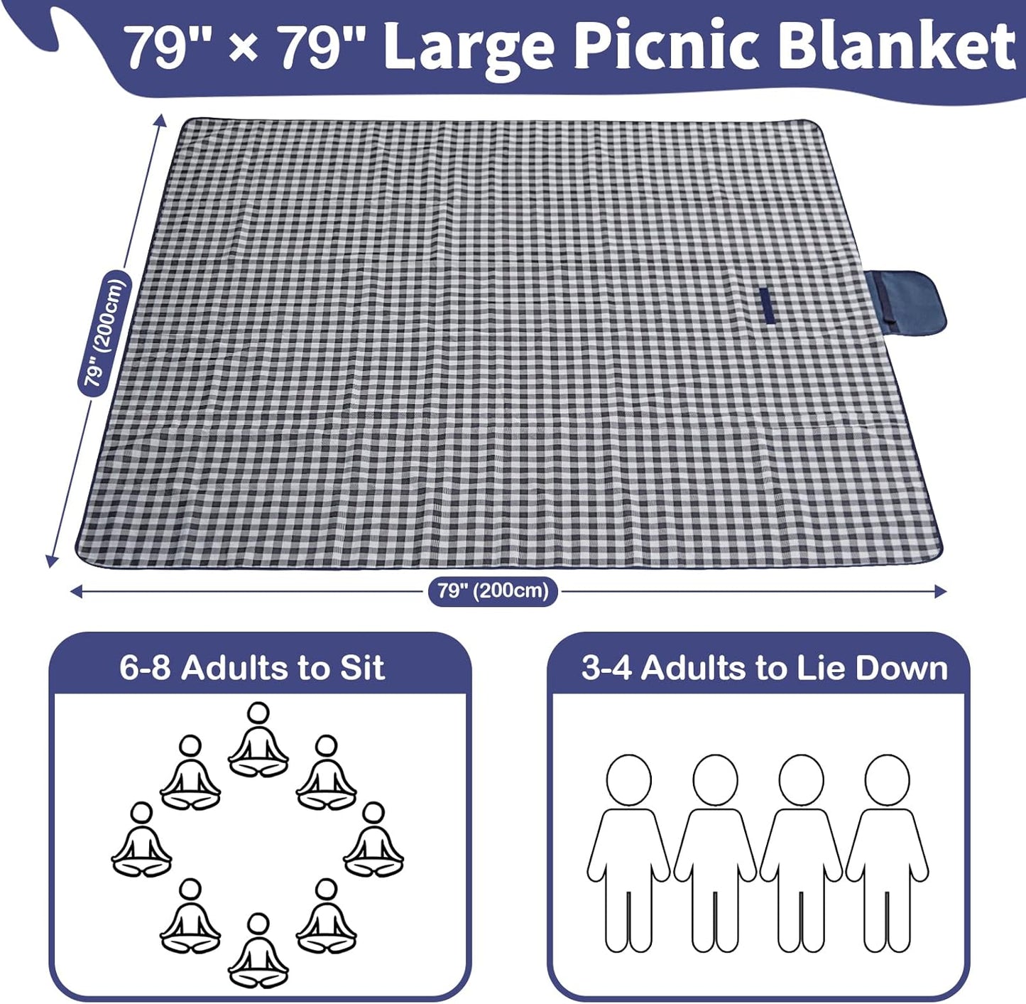 Extra Large Outdoor Picnic Blanket, 79"x79" Waterproof Picnic Mat, Sandproof Beach Blanket Portable Camping Blanket Lightweight for Park Beach Camping Courtyard (Dark Blue)