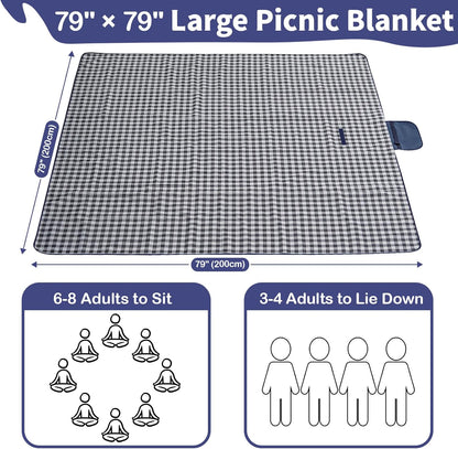 Extra Large Outdoor Picnic Blanket, 79"x79" Waterproof Picnic Mat, Sandproof Beach Blanket Portable Camping Blanket Lightweight for Park Beach Camping Courtyard (Dark Blue)