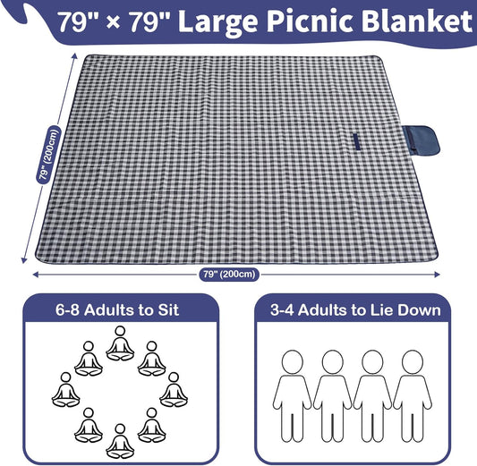 Extra Large Outdoor Picnic Blanket, 79"x79" Waterproof Picnic Mat, Sandproof Beach Blanket Portable Camping Blanket Lightweight for Park Beach Camping Courtyard (Dark Blue) - PuriLite