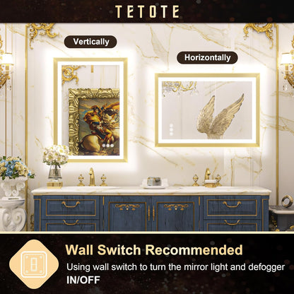 TETOTE 28x36 LED Mirror for Bathroom Black Metal Frame Frontlit & Backlit Lighted Vanity Mirror Baroque Gothic Anti Fog Stepless Dimmable White/Warm/Natural,Wall Mounted(Horizontal/Vertical)