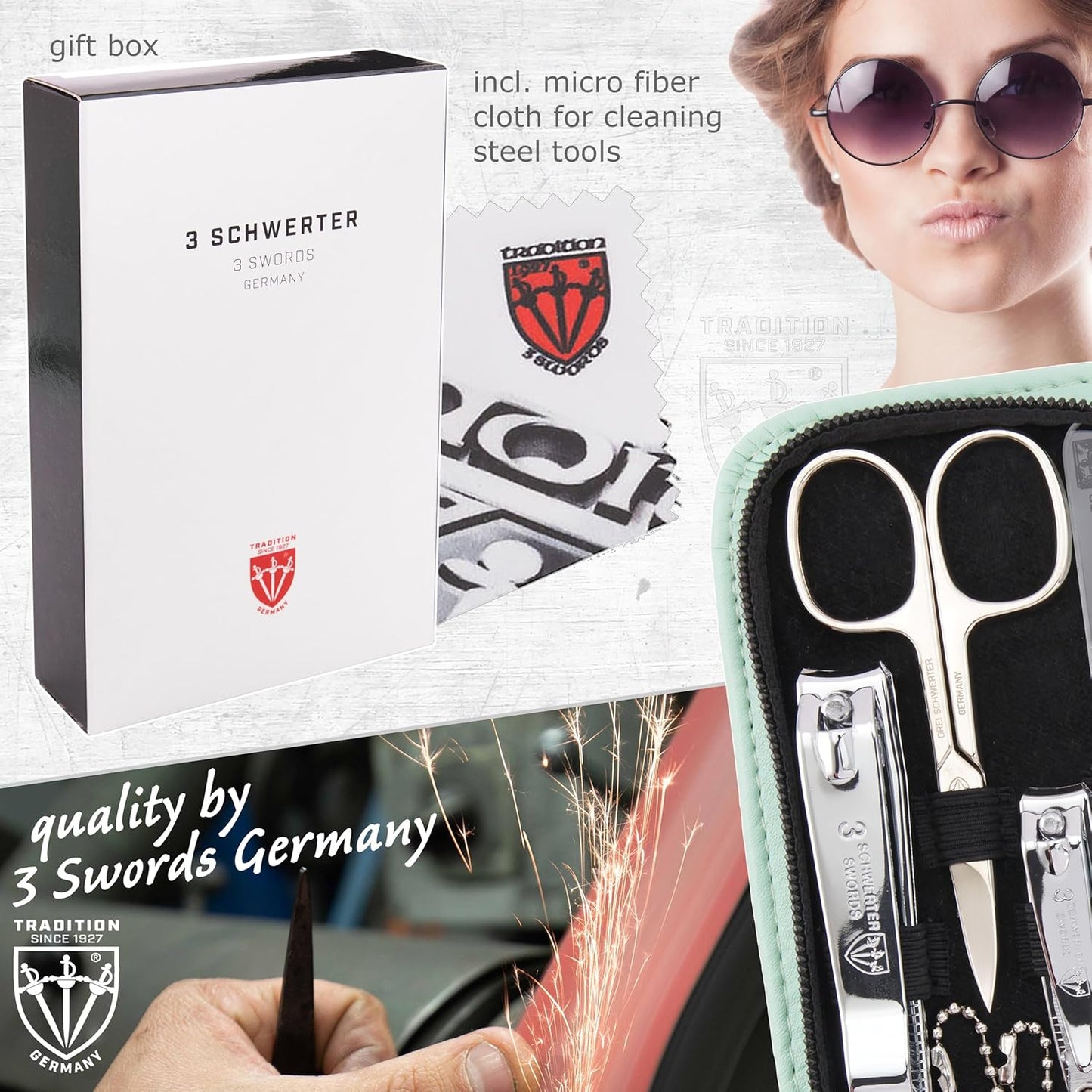 3 Swords Germany - brand quality 8 piece manicure pedicure grooming kit set for professional finger & toe nail care scissors clipper fashion leather case camou in gift box, Made in Germany
