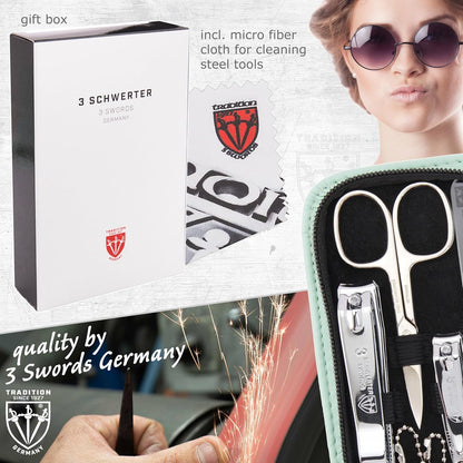 3 Swords Germany - brand quality 8 piece manicure pedicure grooming kit set for professional finger & toe nail care scissors clipper fashion leather case camou in gift box, Made in Germany