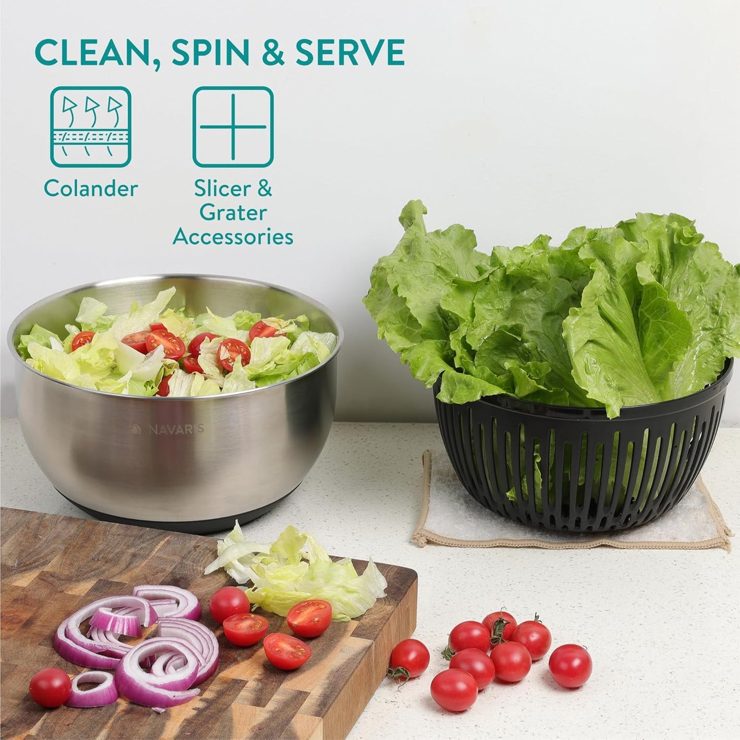 Navaris Salad Spinner with Lid - Salad Spinner Stainless Steel - Salad Dryer - Easy Washing, Drying and Spinning - Includes Grating and Slicing Discs
