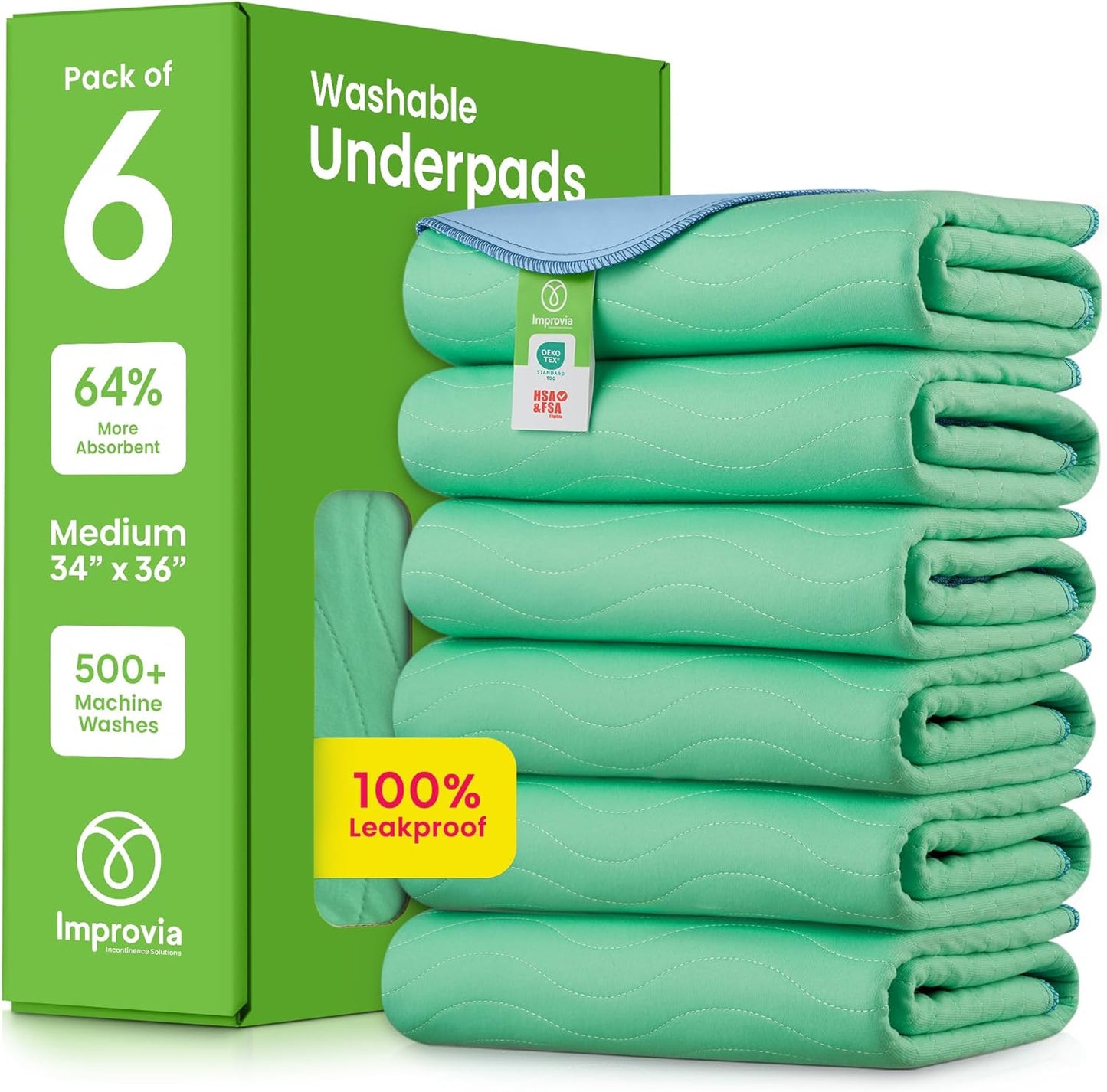 IMPROVIA® Washable Underpads, 34" x 36" (Pack of 4) - Heavy Absorbency Reusable Bedwetting Incontinence Pads for Kids, Adults, Elderly, and Pets - Waterproof Protective Pad for Bed, Couch, Sofa, Floor