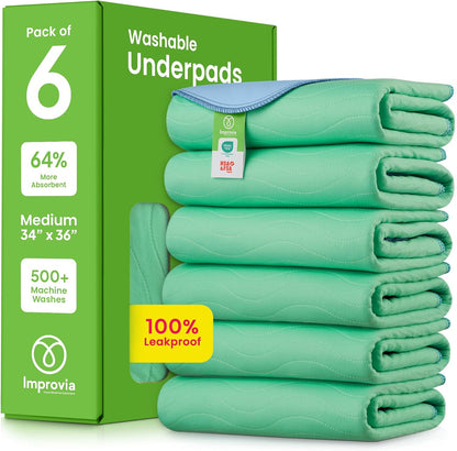 IMPROVIA® Washable Underpads, 34" x 36" (Pack of 4) - Heavy Absorbency Reusable Bedwetting Incontinence Pads for Kids, Adults, Elderly, and Pets - Waterproof Protective Pad for Bed, Couch, Sofa, Floor