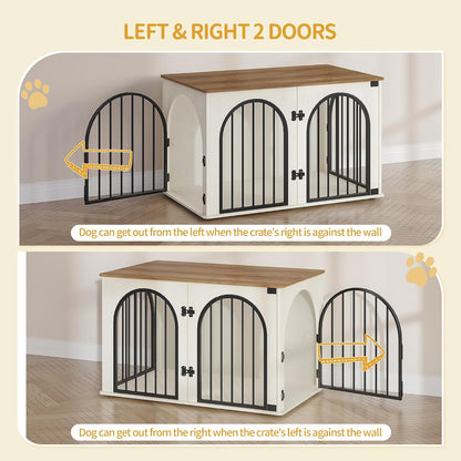 Hzuaneri 100 cm Wooden Dog Crate Furniture, Indoor Dog Kennel Dogs Cage for Small/Medium/Large Dogs, Heavy Duty Dog Crates Decorative Pet House End Side Table TV Stand, White Brown DFC84114B