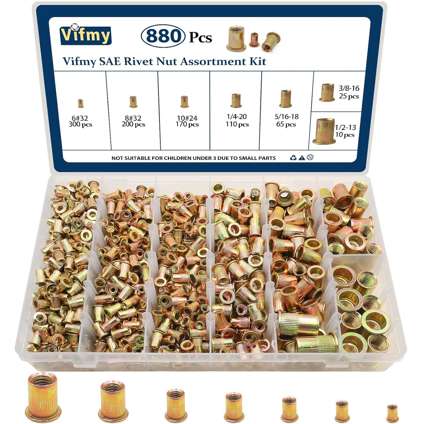 Vifmy Metric & SAE Rivet Nut Assortment Kit(420 Pcs),m3 m4 m5 m6 m8 m10 m12#6-32#8-32#10-24 1/4"-20 5/16"-18 3/8"-16 UNC Flat Head Rivnut Set,Zinc Plated Finish Carbon Steel Nutsert