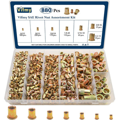 Vifmy Metric & SAE Rivet Nut Assortment Kit(420 Pcs),m3 m4 m5 m6 m8 m10 m12#6-32#8-32#10-24 1/4"-20 5/16"-18 3/8"-16 UNC Flat Head Rivnut Set,Zinc Plated Finish Carbon Steel Nutsert