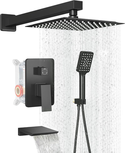 LCEVCGK Shower Faucet Set Complete Matte Black Shower System with 8 inch Square Rainfall Shower Head 3-Function Handheld Shower Waterfall Bathtub Spout Rain Shower Combo Set Bathroom Wall Mounted