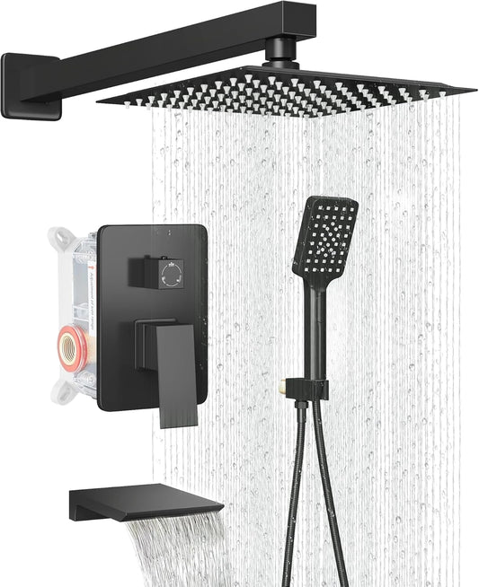 LCEVCGK Shower Faucet Set Complete Matte Black Shower System with 8 inch Square Rainfall Shower Head 3-Function Handheld Shower Waterfall Bathtub Spout Rain Shower Combo Set Bathroom Wall Mounted