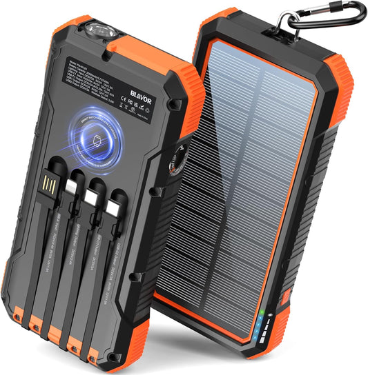 BLAVOR Solar Power Bank 20000mAh Portable Charger Built in 4 Cables, 20W Fast Charging Outdoor Power Bank with USB C, Flashlight, Carabiner, Battery Pack for All Cell Phones, Apple Watch