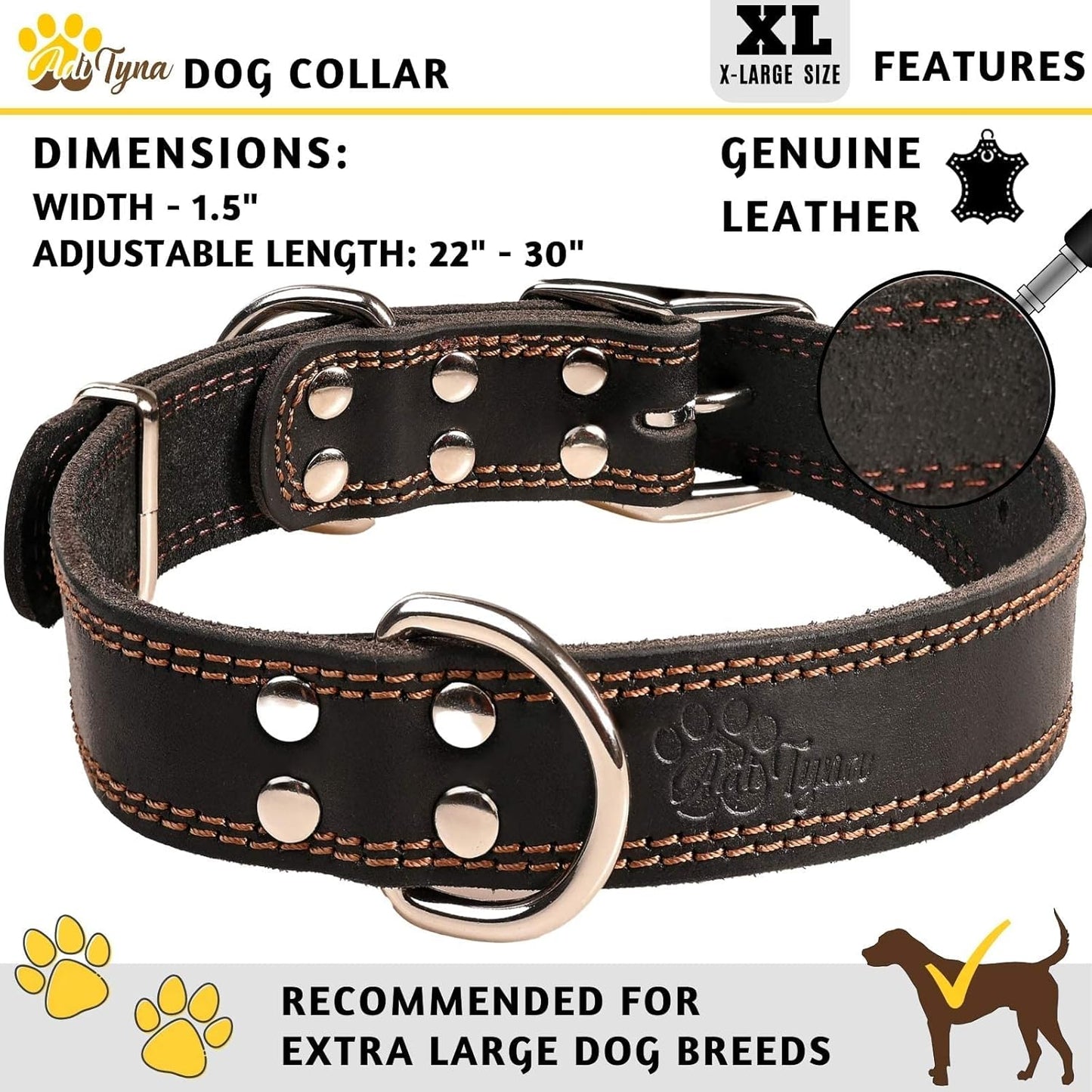 ADITYNA Heavy-Duty Leather Dog Collar for Medium Dogs - Soft and Strong, 100% Genuine Leather - Collier Pour Chien (Medium: Fit 13" - 20" Neck, Brown)