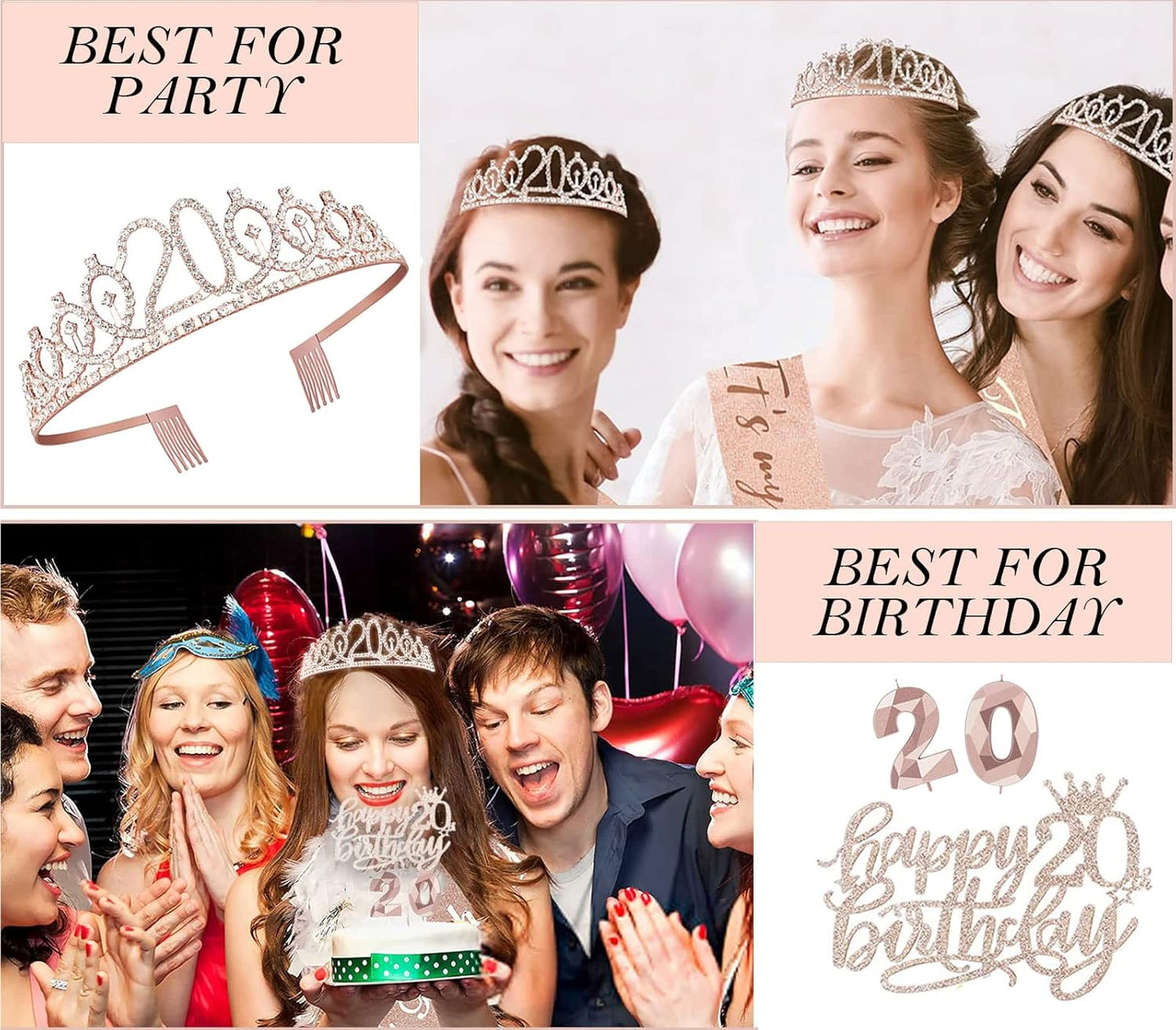 8pcs 40th Birthday Decorations gifts for Women, Including 40th Happy Birthday Cake Topper, Queen Sash with Pearl Pin, Sweet Rhinestone Tiara Crown for Women, Number Candles and Balloons (Rose Gold)