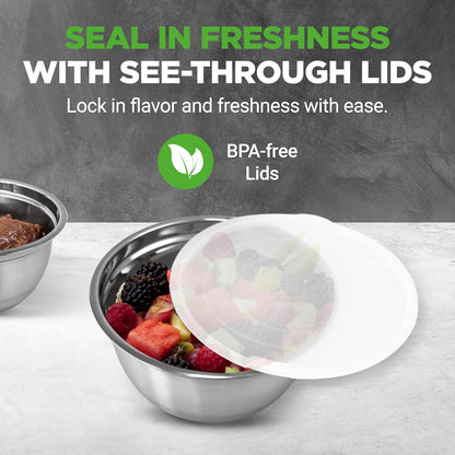 NutriChef 5-Piece Stainless Steel Mixing Bowl Set - Stackable 0.75, 1, 1.5, 3 & 5 Quart Sizes Kitchen Bowls with Lids, Durable & Stackable, Ideal for Marinating Meats for BBQs & Mixing