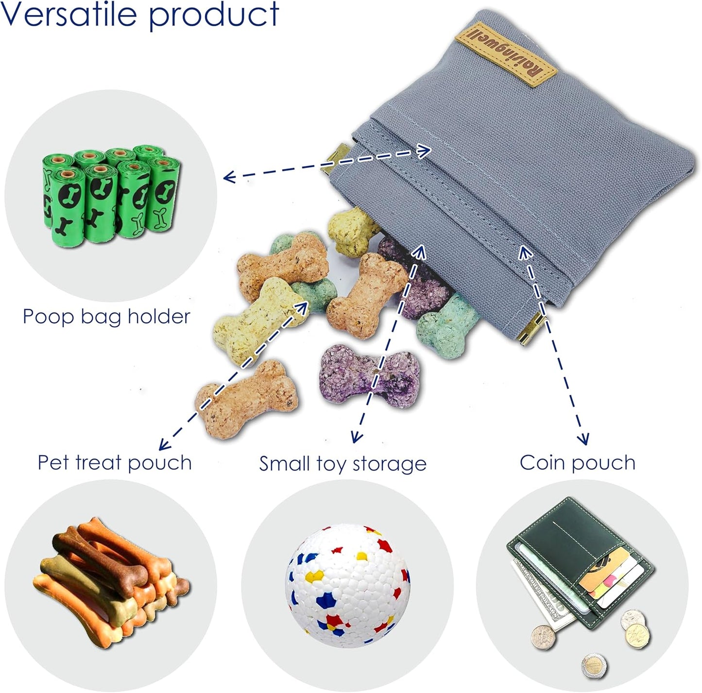 Raisingwell Dog Treat Pouch, Black Pocket Sized Pet Training Pouch, Cotton Fabric, Hand Free Dog Walking Bag with Carabiner, Self-Closing Pet Feed Snack Reward, for Pet Puppy Travel or Outdoor Use