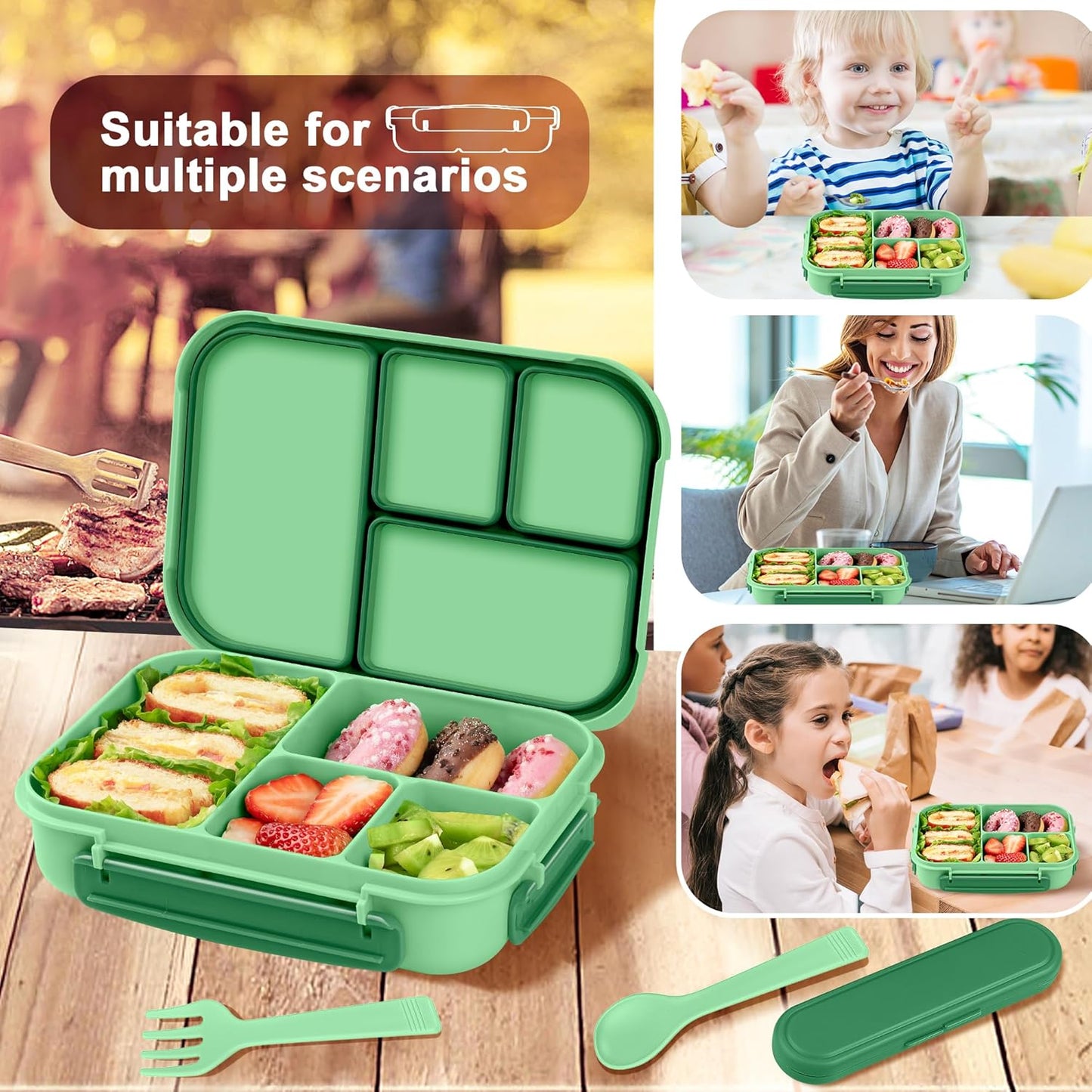 Amathley Lunch Box Kids,Bento Box Adult Lunch Box,Leakproof Lunch Containers for Adults/Kids/Toddler,1200ML-4 Compartments bento Lunch box with Utensil,Microwave & Dishwasher Safe(Dark Gray)