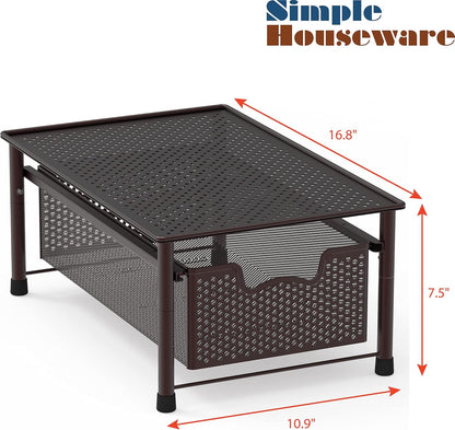 Stackable Metal Cabinet Basket Drawer Organizer with Sliding Storage Design, Bronze Finish - PuriLite