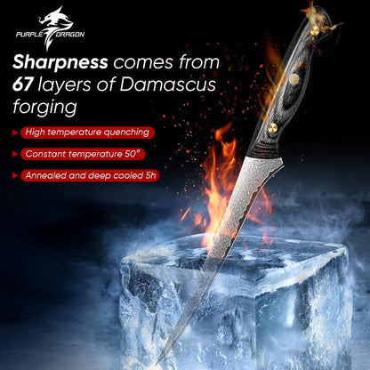 Purple Dragon Damascus Fish Fillet Knife - 7 inch Flexible Boning Knife with VG10 Core, Kitchen Slicing Knife with Full Tang Handle, Birthday Dad Mom Gift