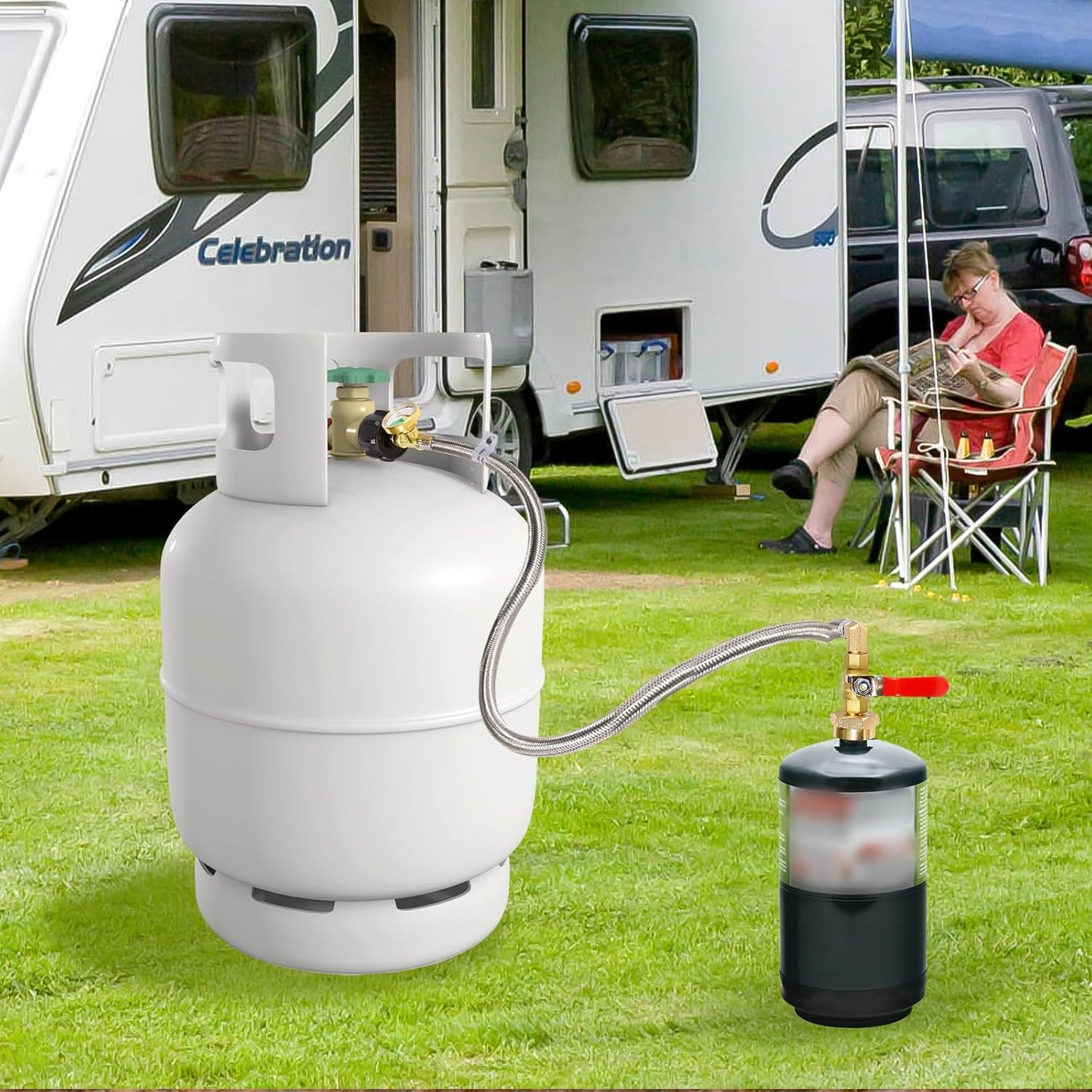 Propane Refill Adapter 20lb to 1lb Camping - 3FT/36inch Stainless Steel Hose with Gauge and ON-Off Control Valve - Fits QCC1 / Type1 Tank, 2 Caps Included