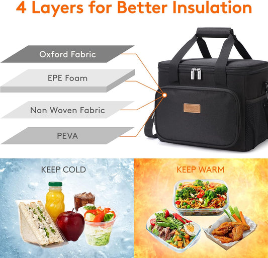 Lifewit Large Lunch Bag for Adults, 24-Can 15L Insulated Lunch Box Leakproof Soft Cooler Cooling Tote for Men Women, Waterproof Reusable Cooler Bags for Work Office Outdoor Picnic Camping, Black