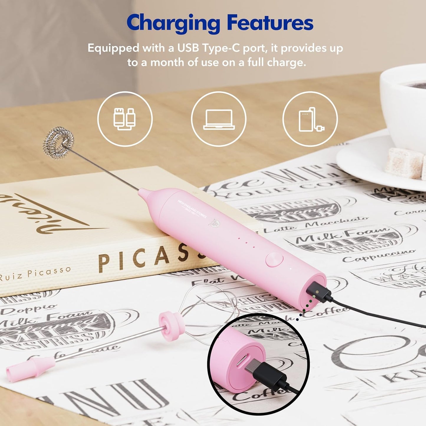 Powerful Milk Frother Handheld Foam Maker, Mini Whisk Drink Mixer for Coffee, Cappuccino, Latte, Matcha, Hot Chocolate, With Stand, Light Purple