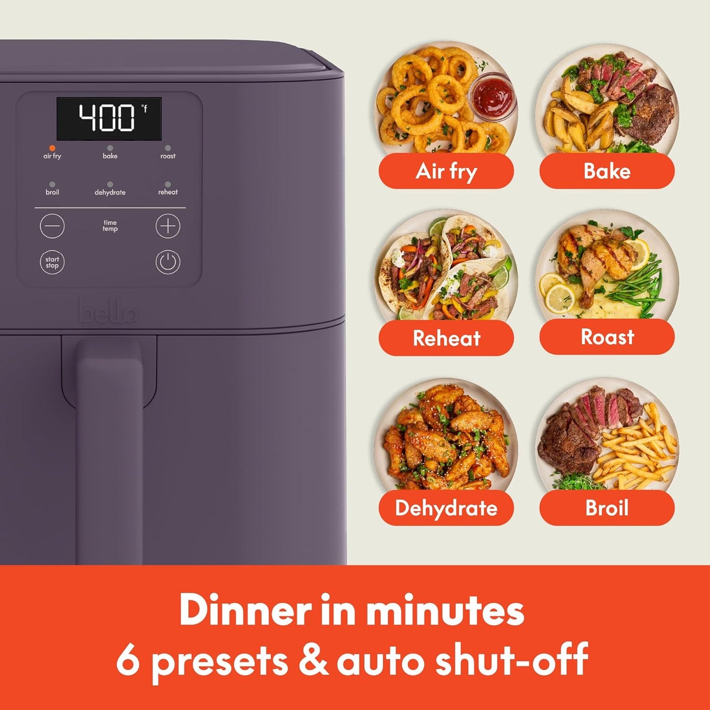 bella 4Qt Slim Air Fryer, Fits-anywhere Kitchenware, EverGood Ceramic Nonstick Coating, Adjustable Temperature, 6 Preset Cooking Options, 60 Min Auto Shutoff w Audible Tone, 3.3lb Capacity, Surf