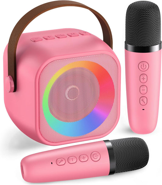 Mini Karaoke Machine, Portable Bluetooth Karaoke Speaker with 2 Wireless Microphones and Party Lights for Kids and Adults, Birthday Gifts for Girls Boys Family Home Party (Hotpink)