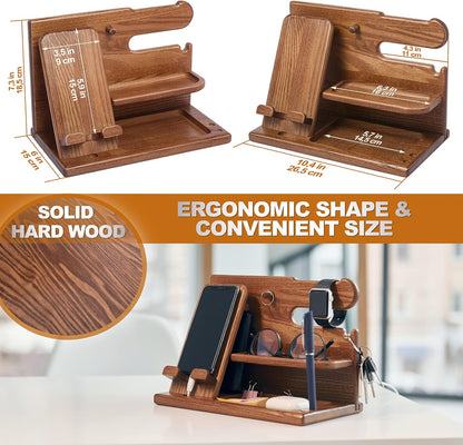TESLYAR Wood Phone Docking Station – Solid Wood Desk & Nightstand Organizer for Men – Key Holder, Wallet, Watch & Essentials Stand - PuriLite