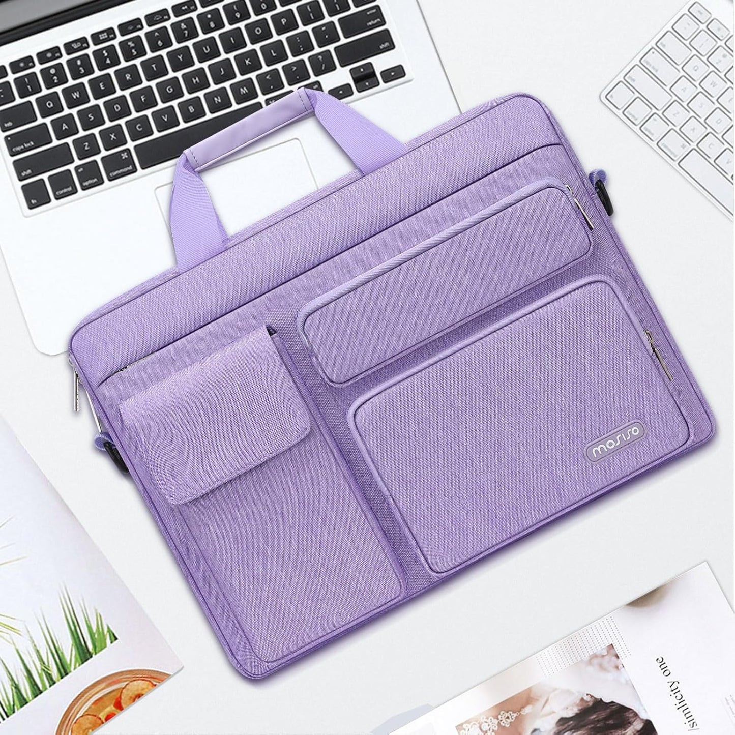 MOSISO Laptop Bag 16 inch, 15-15.6 inch Computer Shoulder Bag Compatible with MacBook Air 15 M4 M3 M2/Pro 16 M4 M3 M2 M1, Notebook &2 Raised&1 Flapover&1 Horizontal Pocket&Handle&Belt, Pink - PuriLite