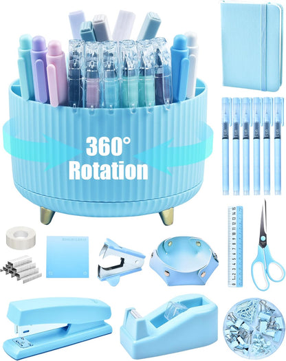 LXEVIHK Blue Desk Accessories, 20 Pieces Office Supplies, 360° Pen Holder Desk Organizer, Tape Dispenser, Stapler, Stapler Remover, Blue Color on Desktop