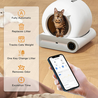 Upgraded Self-Cleaning Cat Litter Box - Automatic Smart for Multiple Cats, Never Scoop Again, Safety Protection, APP Control, Odorless, Health Check