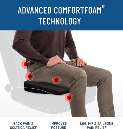 Everlasting Comfort Memory Foam Seat Cushion - Office Chair Cushion for Work, Travel, Car Support Pillow for Driving - Portable Seat for Chairs and Desks - Coussin Chaise - Black