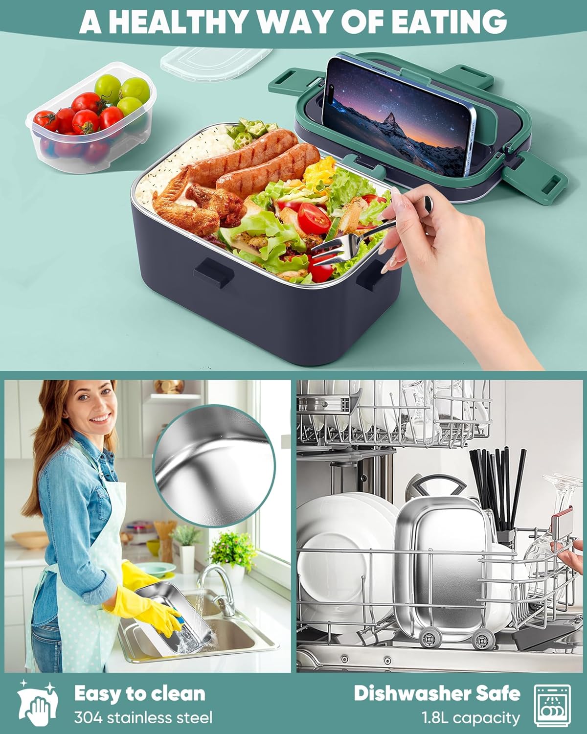 Eocolz Electric Lunch Box Food Heater, 100W - 1.8L Stainless Steel Container 12V/24V/110-230V Portable Food Warmer Lunch Box for Car/Truck/Home, 3 in 1 Lunch Boxes with Spork & Insulated Carry Bag