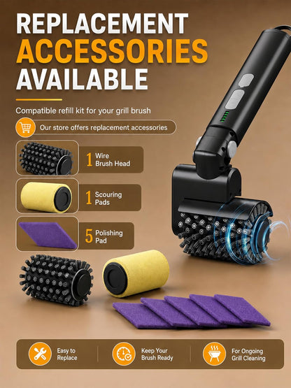 Electric Grill Brush, 3-Speed Power Control Grill Brush for Outdoor Grill, Rechargeable BBQ Grill Brush, Cordless Grill Cleaning Brush with 2 Brush Head & Scouring Pad, Gifts for Men/Dad