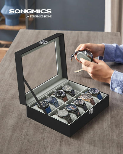 SONGMICS Watch Box, 6-Slot Watch Case, Watch Box Organizer, Black Synthetic Leather, Greenish Gray Lining UJWB06BK