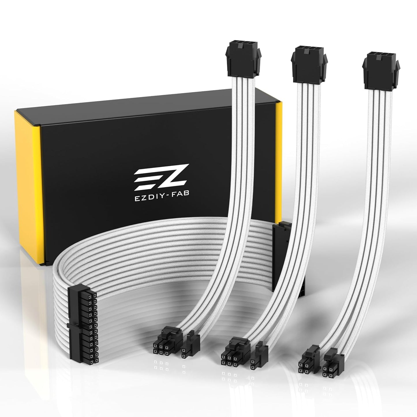 EZDIY-FAB PSU Extension Cable Sleeved Custom Mod PC Power Supply Cable, Soft Nylon Braided with Comb Kit 24PIN/8PIN to 6+2Pin/ 8PIN to 4+4PIN-30CM 300MM - All White Edition