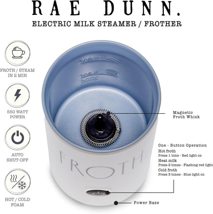 Rae Dunn - Electric Milk Frother - Elegant Automatic Milk Steamer and Frother, Milk Warmer, Hot and Cold Frothing Machine for Coffee, Latte, Cappuccino, Macchiato,
