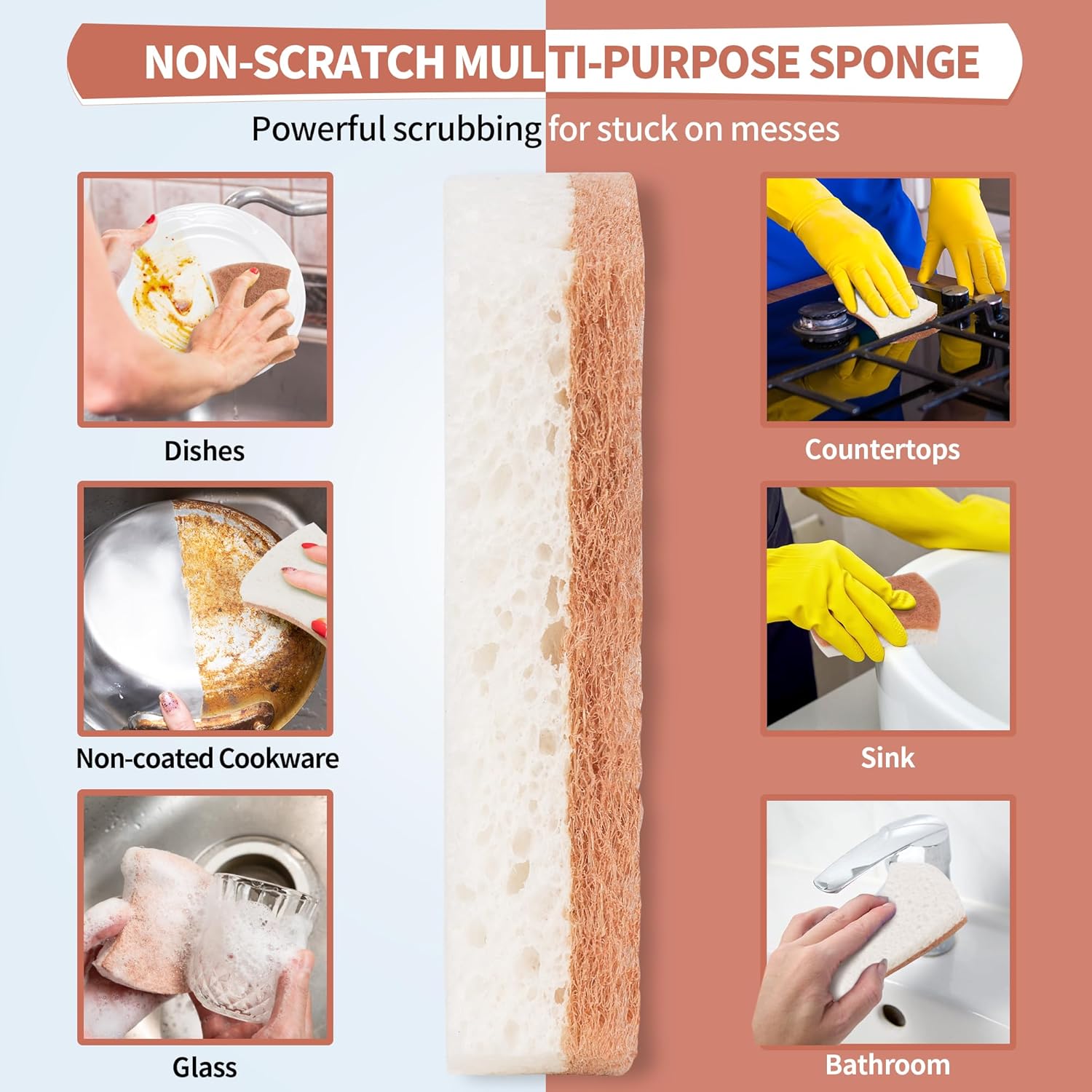 HOMERHYME Natural Dish Sponge 12 Pack, Non-Scratch Eco-Friendly Multipurpose Kitchen Cellulose Sponge, Biodegradable Odor-Less Dual-Sided for Dish Washing & Household Cleaning - PuriLite