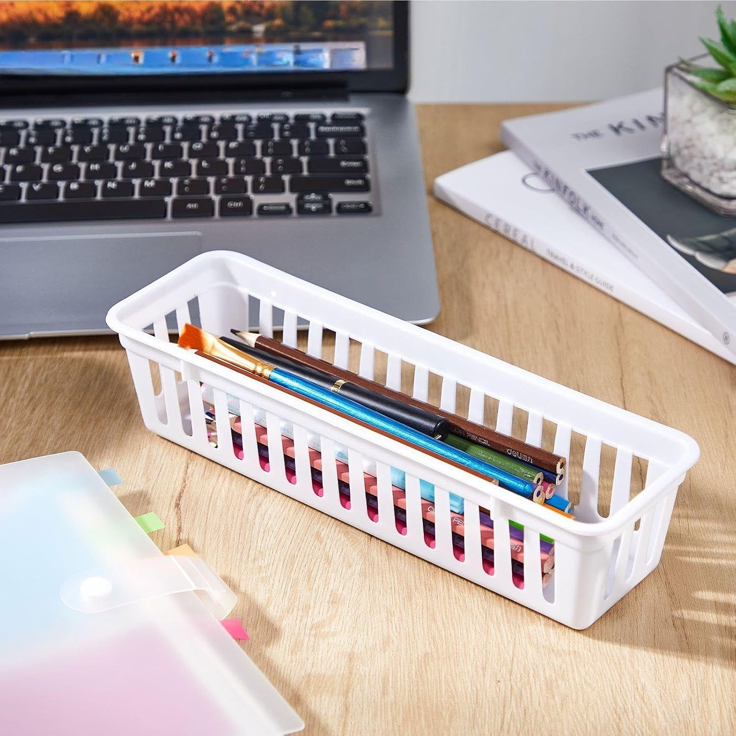 Domensi 24 Pcs Slim Plastic Storage Baskets 10.25 x 3.25 x 2.5 Inches Storage Bins White Drawer Organizer Trays Pencil Holder for Desk Pen Baskets Tray Classroom Garage Containers Supplies (White)