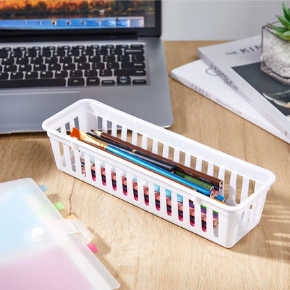 Domensi 24 Pcs Slim Plastic Storage Baskets 10.25 x 3.25 x 2.5 Inches Storage Bins White Drawer Organizer Trays Pencil Holder for Desk Pen Baskets Tray Classroom Garage Containers Supplies (White)