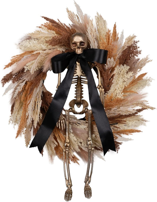FLOROAD 24" Halloween Wreath for Front Door with Gold Skull Skeleton, Black Bow, Artificial Wheat and Pampas Grass - Fall Halloween Holiday Scary Gothic Decoration for Home Door Wall