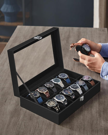 SONGMICS Watch Box, 6-Slot Watch Case, Watch Box Organizer, Black Synthetic Leather, Greenish Gray Lining UJWB06BK